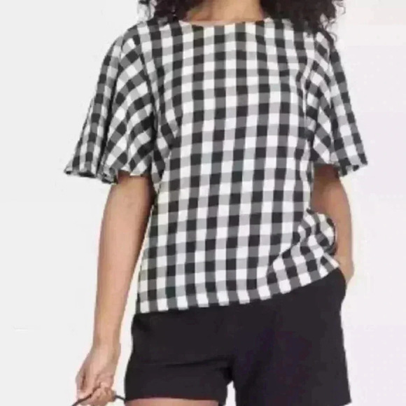 A New Day Black and White Buffalo Plaid Flutter Sleeve Top Size Large NWT - Picture 1 of 7
